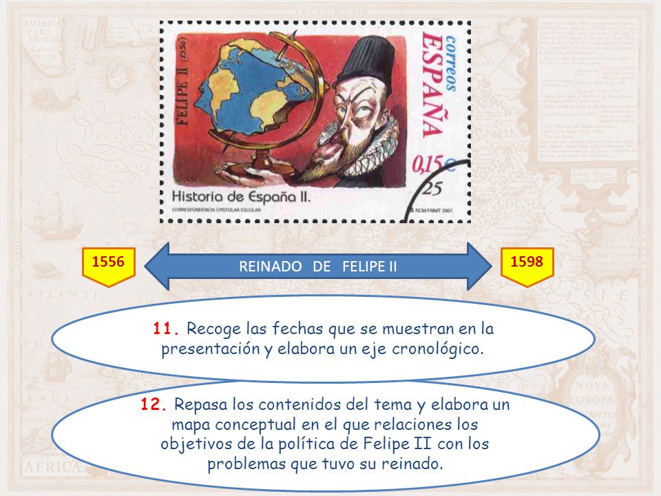 REINADO DE FELIPE II Recoge las fechas que se muestran en la presentación y elabora un eje cronológico.