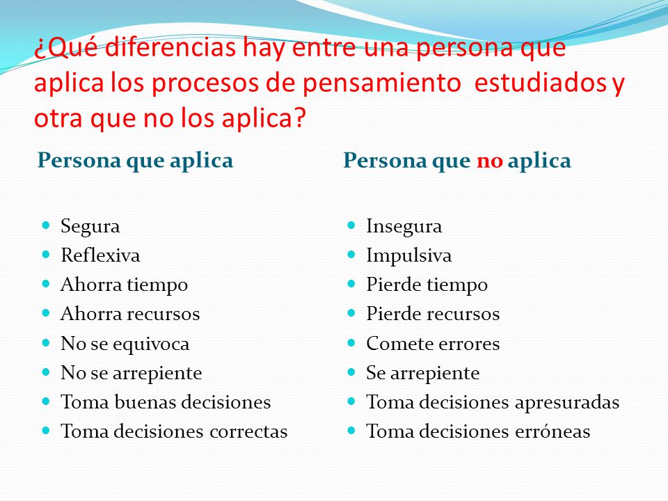 ¿Qué diferencias hay entre una persona que aplica los procesos de pensamiento estudiados y otra que no los aplica