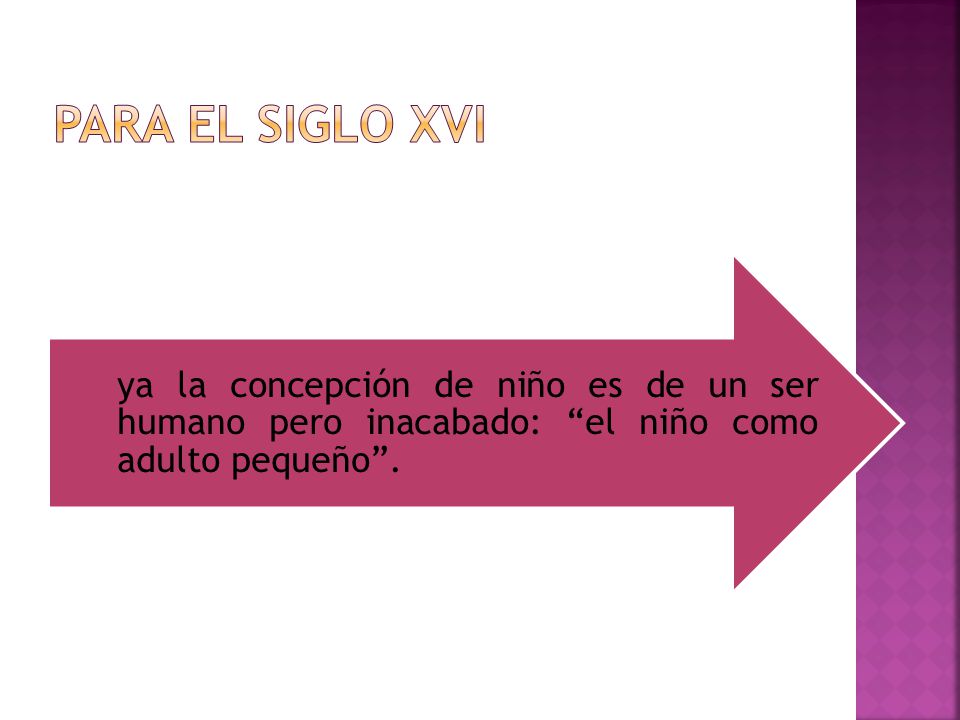 Para el siglo XVI ya la concepción de niño es de un ser humano pero inacabado: el niño como adulto pequeño .