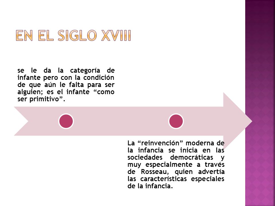 en el siglo XVIII se le da la categoría de infante pero con la condición de que aún le falta para ser alguien; es el infante como ser primitivo .