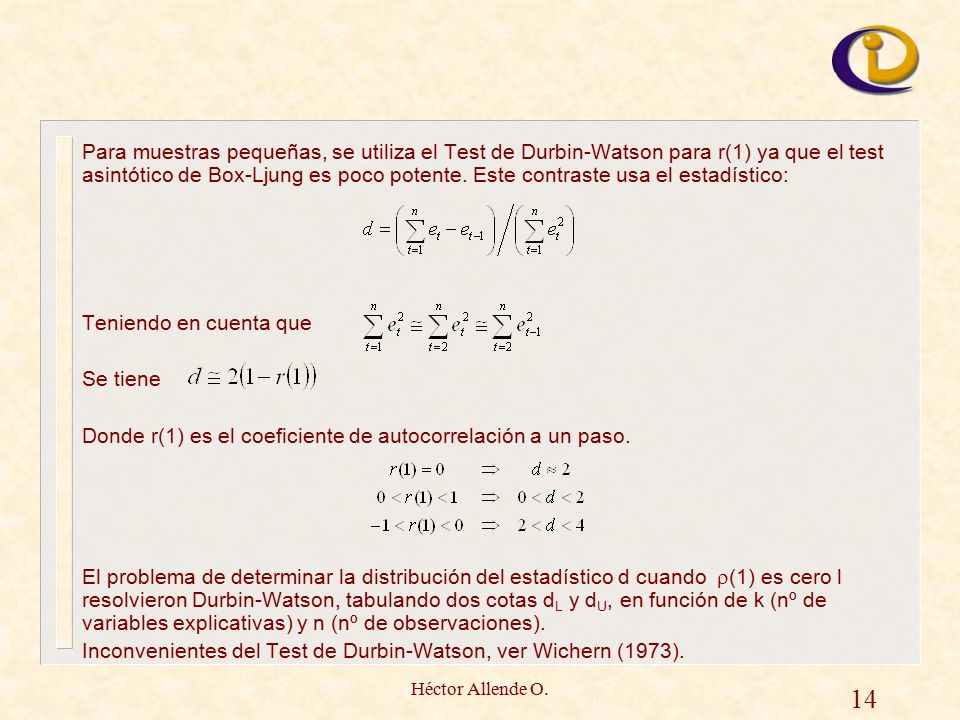 Para muestras pequeñas, se utiliza el Test de Durbin-Watson para r(1) ya que el test asintótico de Box-Ljung es poco potente. Este contraste usa el estadístico: