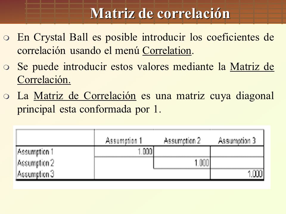 Matriz de correlación En Crystal Ball es posible introducir los coeficientes de correlación usando el menú Correlation.