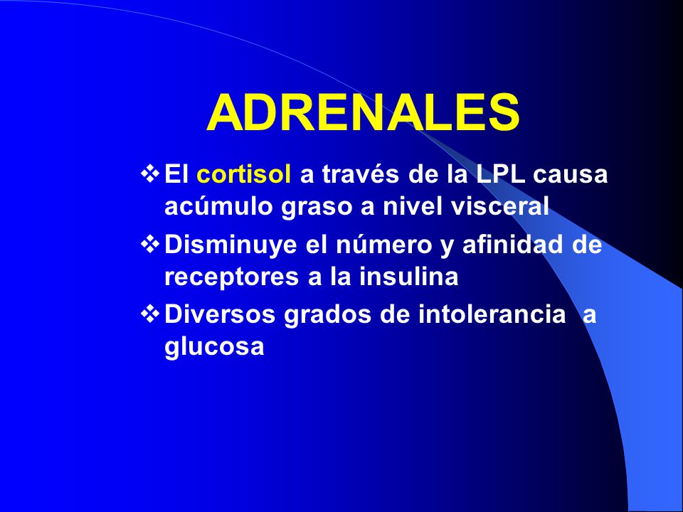 ADRENALES El cortisol a través de la LPL causa acúmulo graso a nivel visceral. Disminuye el número y afinidad de receptores a la insulina.