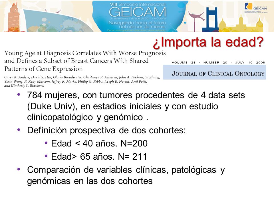 ¿Importa la edad 784 mujeres, con tumores procedentes de 4 data sets (Duke Univ), en estadios iniciales y con estudio clinicopatológico y genómico .