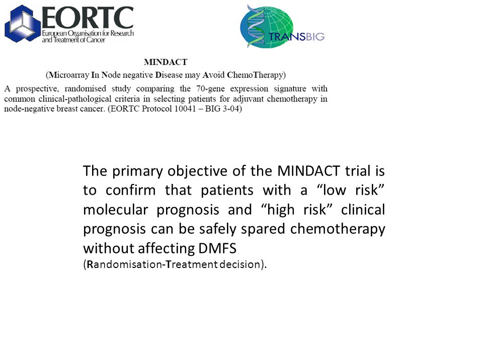 The primary objective of the MINDACT trial is to confirm that patients with a low risk molecular prognosis and high risk clinical prognosis can be safely spared chemotherapy without affecting DMFS