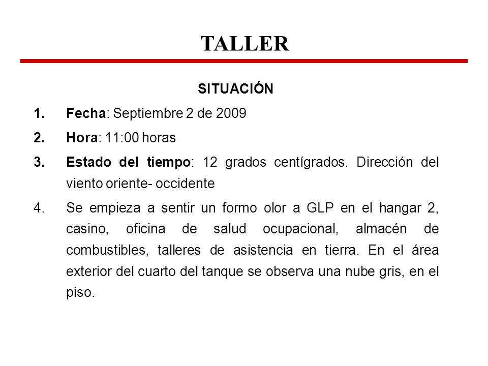 TALLER SITUACIÓN Fecha: Septiembre 2 de 2009 Hora: 11:00 horas
