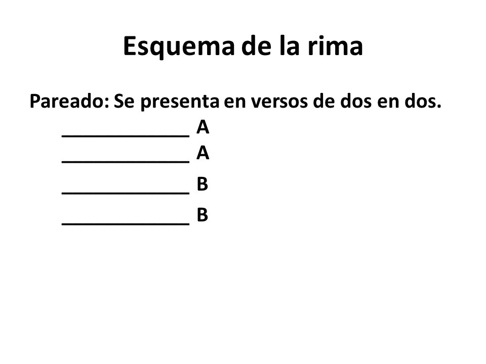 Esquema de la rima Pareado: Se presenta en versos de dos en dos.
