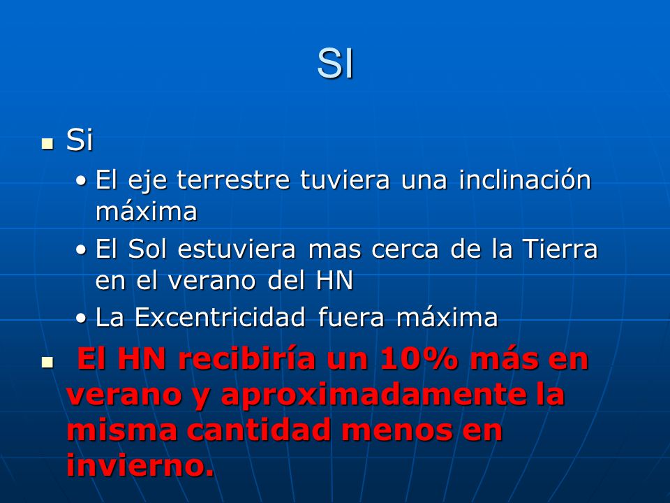 SI Si. El eje terrestre tuviera una inclinación máxima. El Sol estuviera mas cerca de la Tierra en el verano del HN.