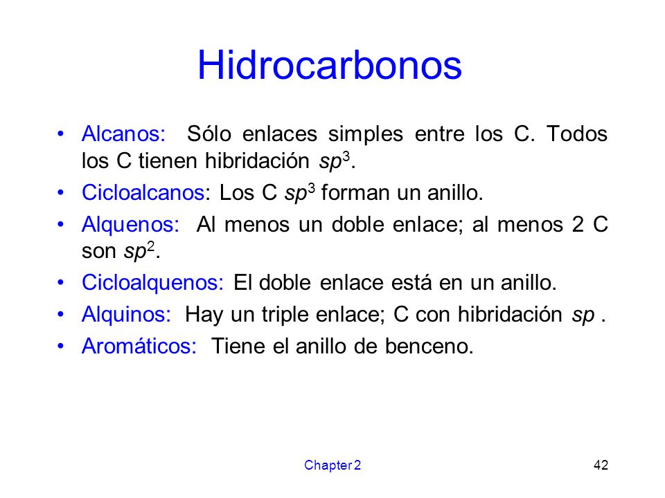 Hidrocarbonos Alcanos: Sólo enlaces simples entre los C. Todos los C tienen hibridación sp3. Cicloalcanos: Los C sp3 forman un anillo.
