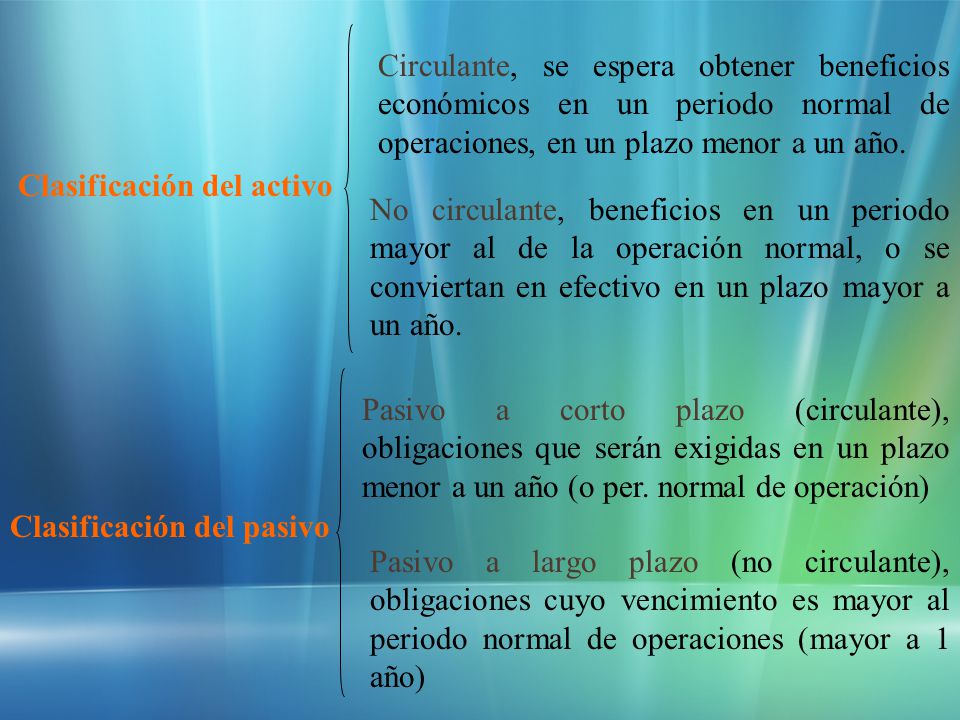 Circulante, se espera obtener beneficios económicos en un periodo normal de operaciones, en un plazo menor a un año.