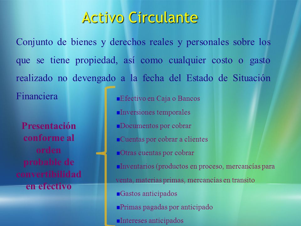 Presentación conforme al orden probable de convertibilidad en efectivo