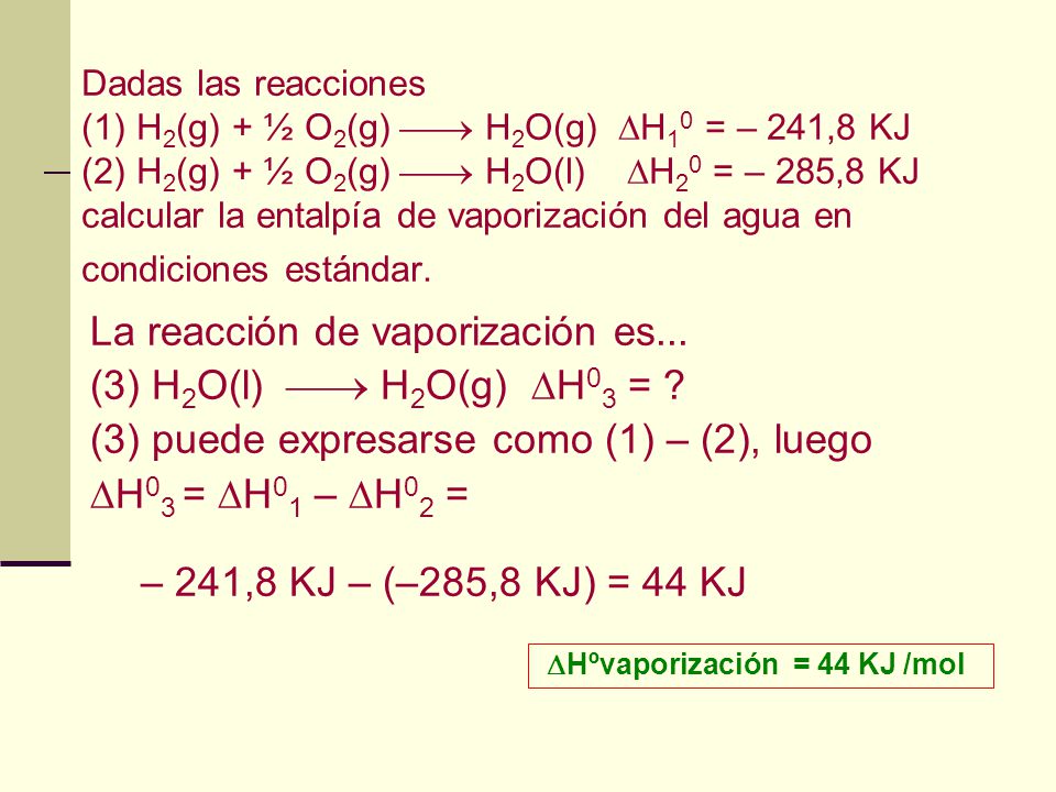 La reacción de vaporización es... (3) H2O(l)  H2O(g) H03 =