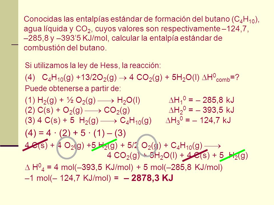 Conocidas las entalpías estándar de formación del butano (C4H10), agua líquida y CO2, cuyos valores son respectivamente –124,7, –285,8 y –393’5 KJ/mol, calcular la entalpía estándar de combustión del butano.