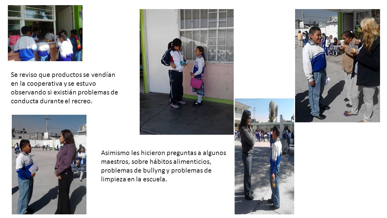 Se reviso que productos se vendían en la cooperativa y se estuvo observando si existián problemas de conducta durante el recreo.
