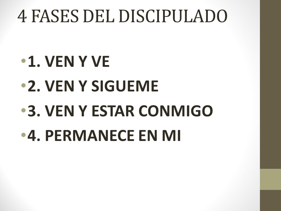 4 FASES DEL DISCIPULADO 1. VEN Y VE 2. VEN Y SIGUEME