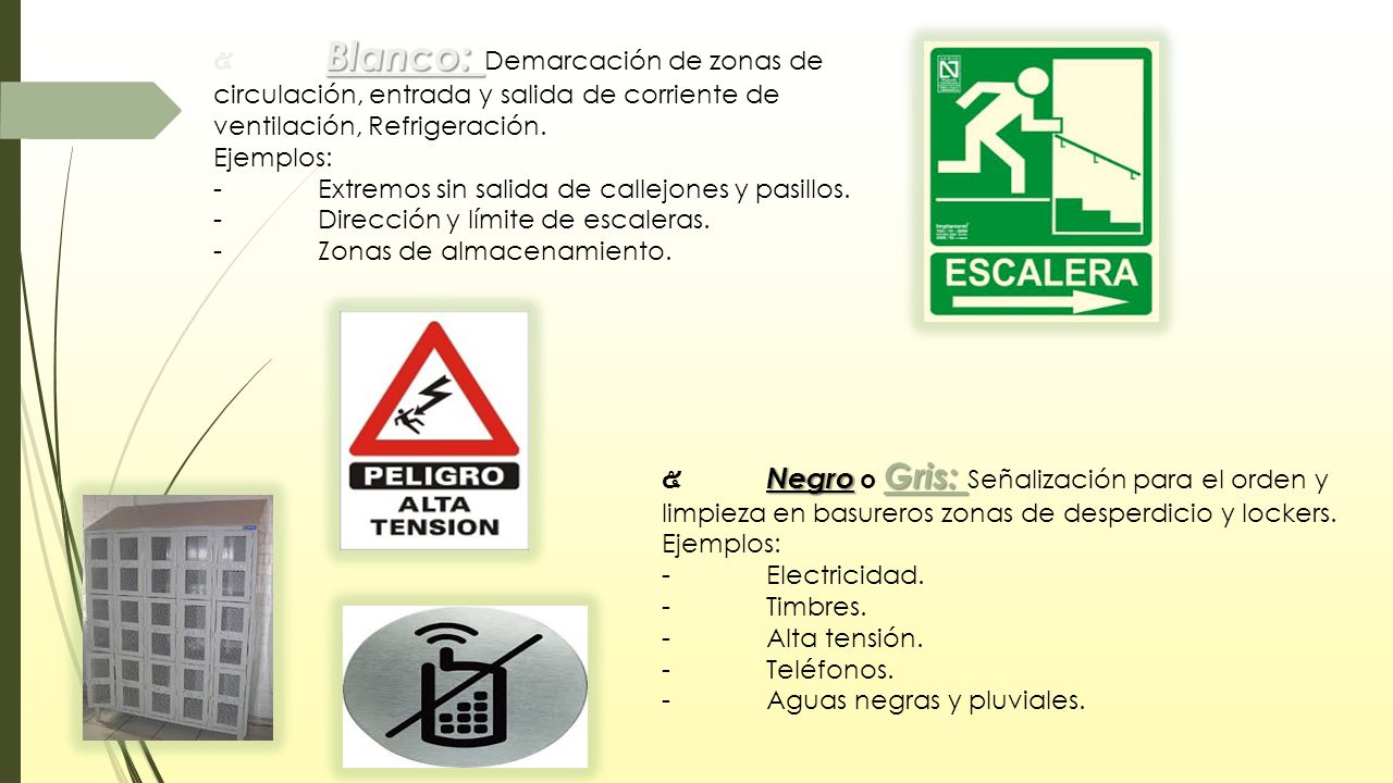 ๕ Blanco: Demarcación de zonas de circulación, entrada y salida de corriente de ventilación, Refrigeración.