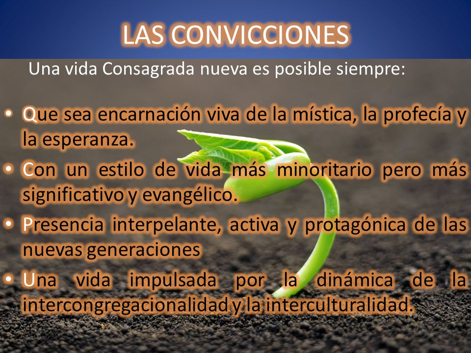 LAS CONVICCIONES Una vida Consagrada nueva es posible siempre: Que sea encarnación viva de la mística, la profecía y la esperanza.