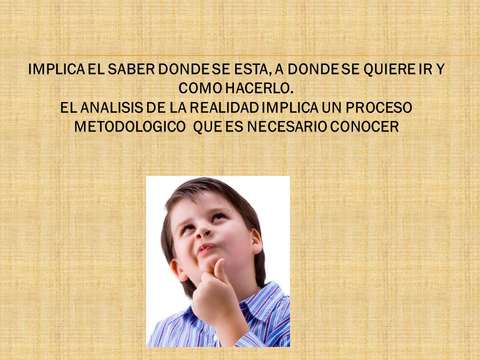 IMPLICA EL SABER DONDE SE ESTA, A DONDE SE QUIERE IR Y COMO HACERLO.