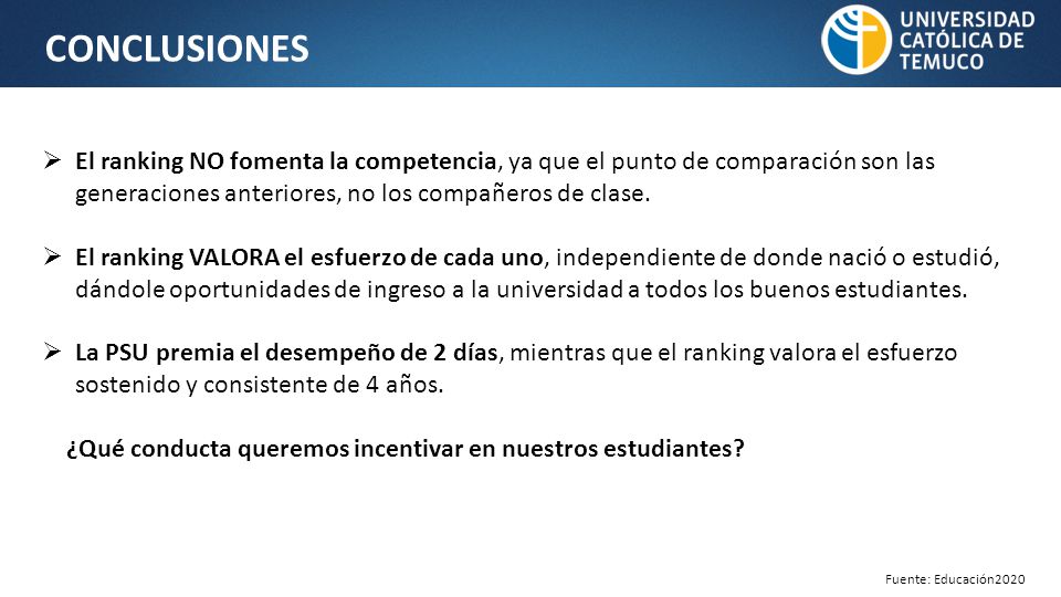 CONCLUSIONES El ranking NO fomenta la competencia, ya que el punto de comparación son las generaciones anteriores, no los compañeros de clase.