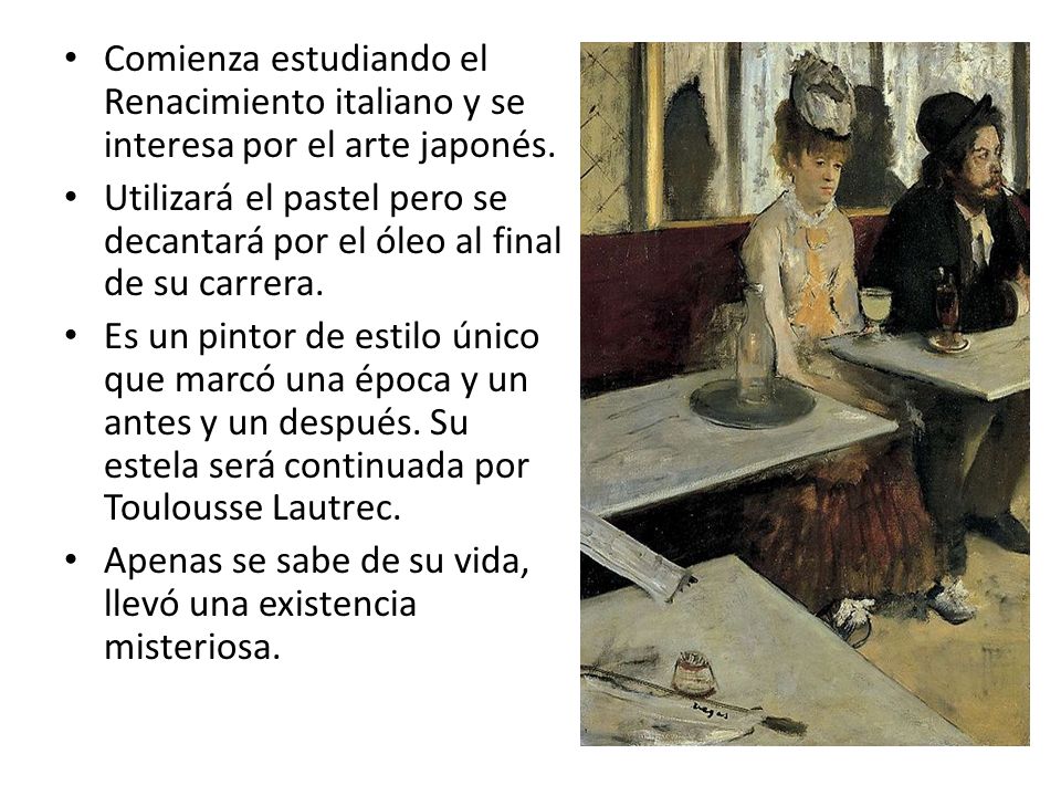 Comienza estudiando el Renacimiento italiano y se interesa por el arte japonés.