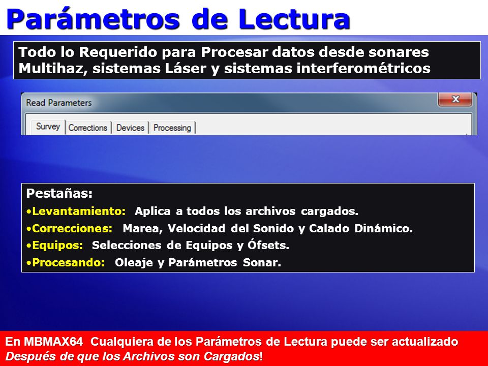 Parámetros de Lectura Todo lo Requerido para Procesar datos desde sonares Multihaz, sistemas Láser y sistemas interferométricos.