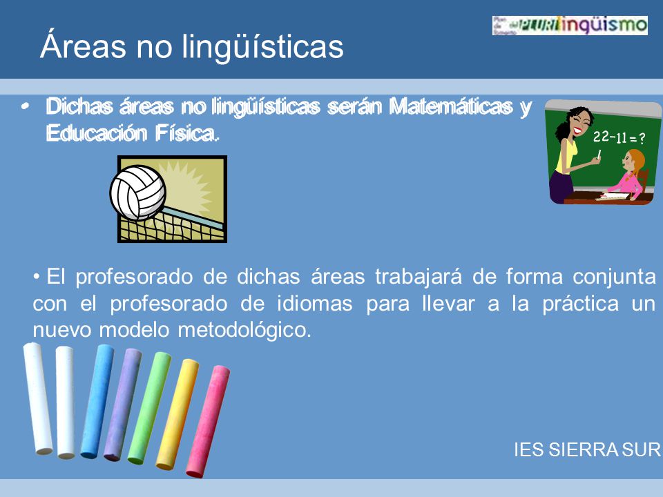 Áreas no lingüísticas Dichas áreas no lingüísticas serán Matemáticas y Educación Física.