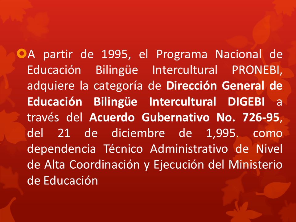 A partir de 1995, el Programa Nacional de Educación Bilingüe Intercultural PRONEBI, adquiere la categoría de Dirección General de Educación Bilingüe Intercultural DIGEBI a través del Acuerdo Gubernativo No.
