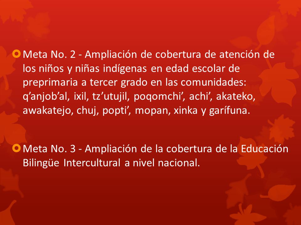 Meta No. 2 - Ampliación de cobertura de atención de los niños y niñas indígenas en edad escolar de preprimaria a tercer grado en las comunidades: q’anjob’al, ixil, tz’utujil, poqomchi’, achi’, akateko, awakatejo, chuj, popti’, mopan, xinka y garífuna.