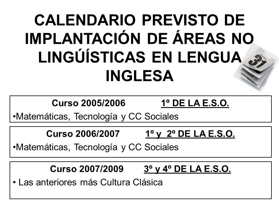 CALENDARIO PREVISTO DE IMPLANTACIÓN DE ÁREAS NO LINGÚÍSTICAS EN LENGUA INGLESA