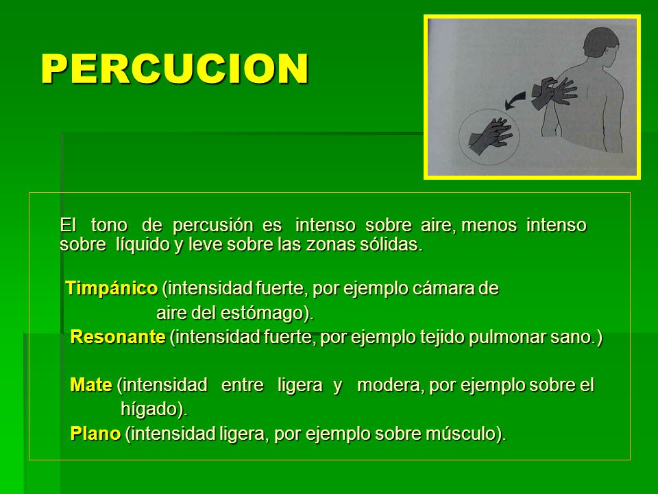 PERCUCION El tono de percusión es intenso sobre aire, menos intenso sobre líquido y leve sobre las zonas sólidas.