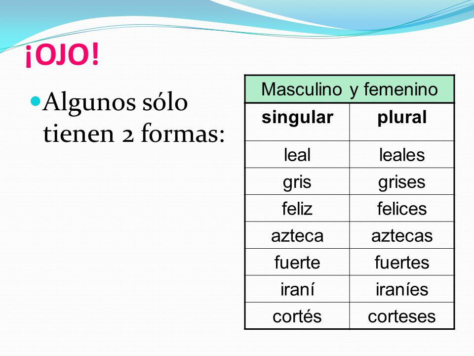 ¡OJO! Algunos sólo tienen 2 formas: Masculino y femenino singular