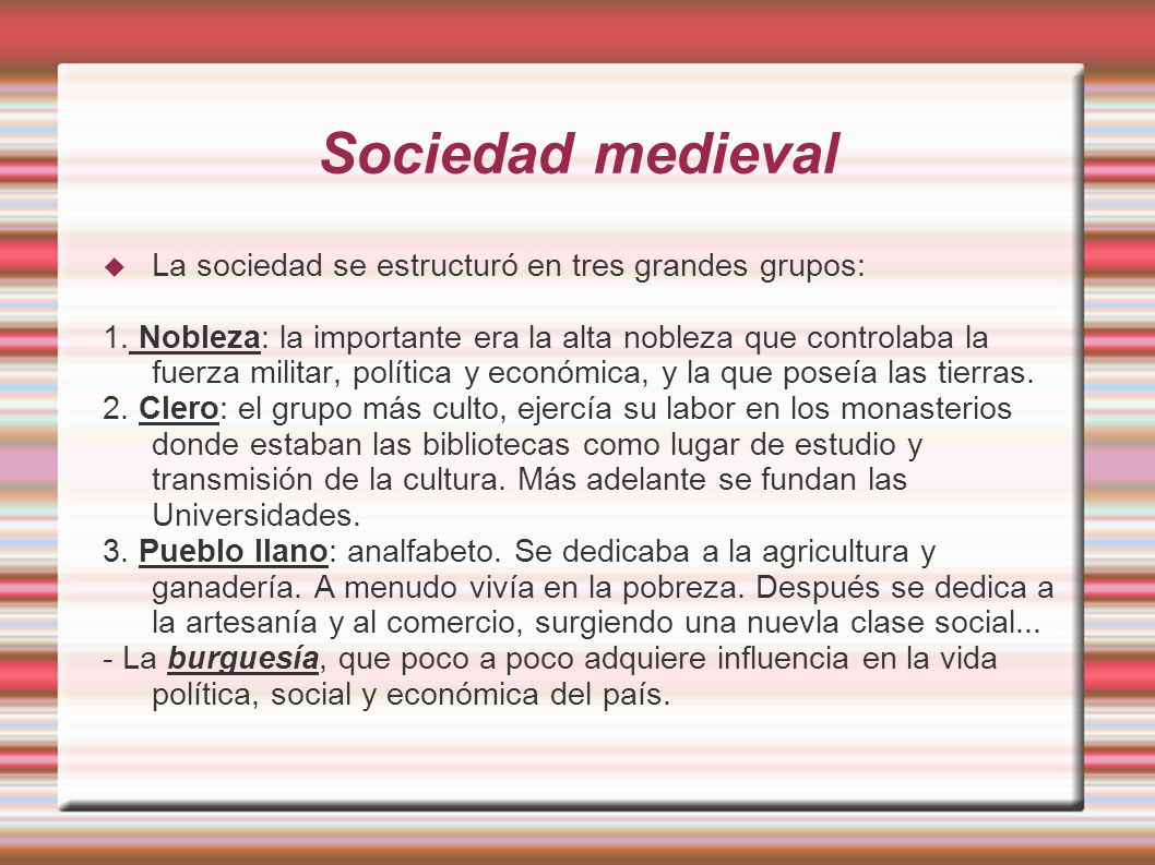 Sociedad medieval La sociedad se estructuró en tres grandes grupos: