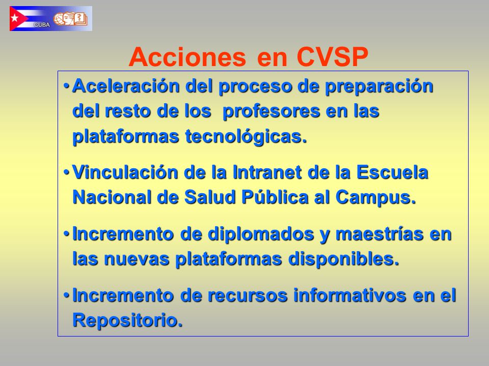 Acciones en CVSP Aceleración del proceso de preparación del resto de los profesores en las plataformas tecnológicas.