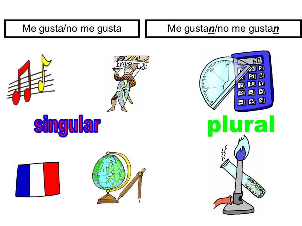 singular plural Me gusta/no me gusta Me gustan/no me gustan