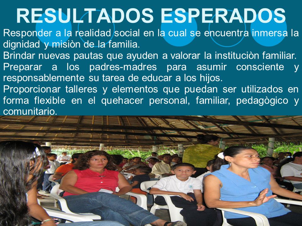 RESULTADOS ESPERADOS Responder a la realidad social en la cual se encuentra inmersa la dignidad y misiòn de la familia.