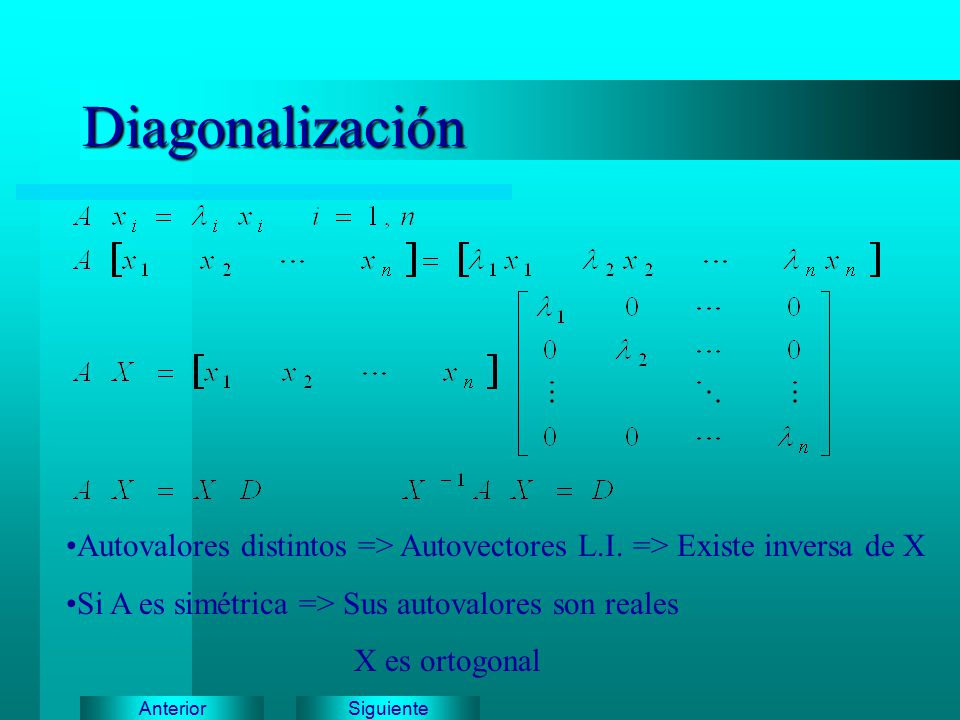 Diagonalización Autovalores distintos => Autovectores L.I. => Existe inversa de X. Si A es simétrica => Sus autovalores son reales.