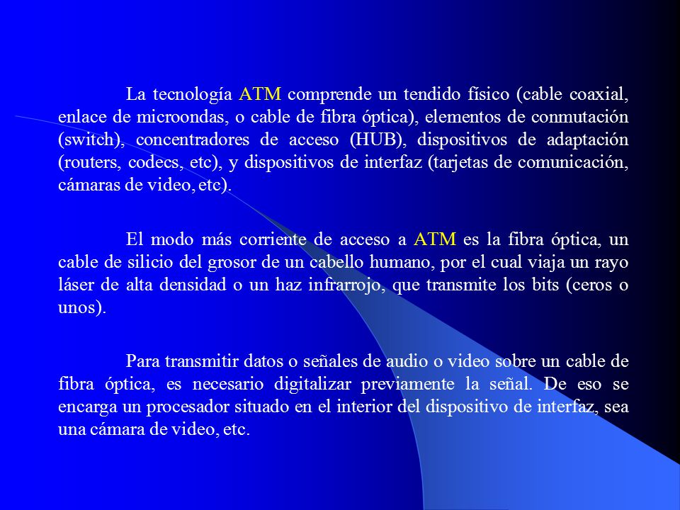 La tecnología ATM comprende un tendido físico (cable coaxial, enlace de microondas, o cable de fibra óptica), elementos de conmutación (switch), concentradores de acceso (HUB), dispositivos de adaptación (routers, codecs, etc), y dispositivos de interfaz (tarjetas de comunicación, cámaras de video, etc).