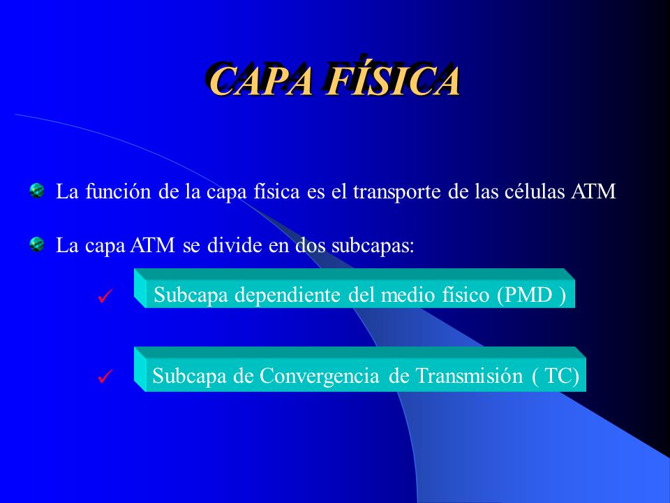 CAPA FÍSICA La función de la capa física es el transporte de las células ATM. La capa ATM se divide en dos subcapas: