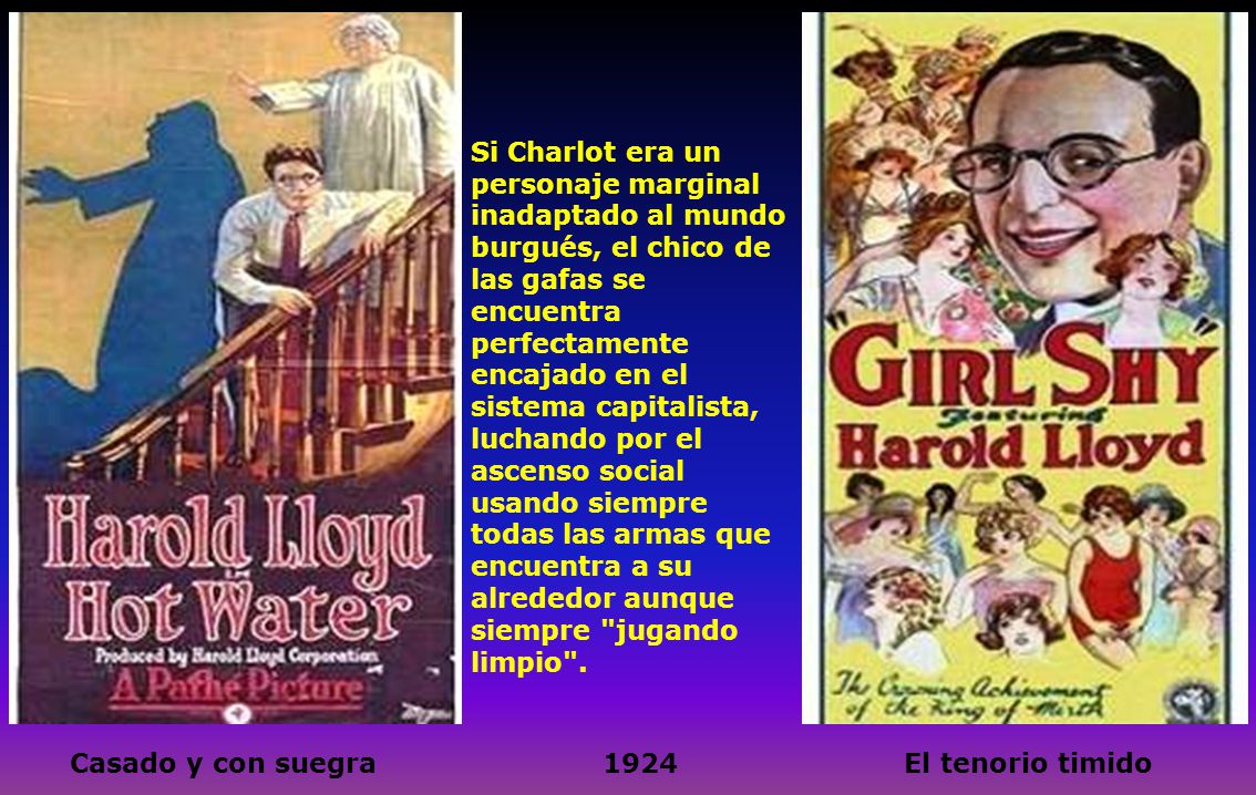 Si Charlot era un personaje marginal inadaptado al mundo burgués, el chico de las gafas se encuentra perfectamente encajado en el sistema capitalista, luchando por el ascenso social usando siempre todas las armas que encuentra a su alrededor aunque siempre jugando limpio .
