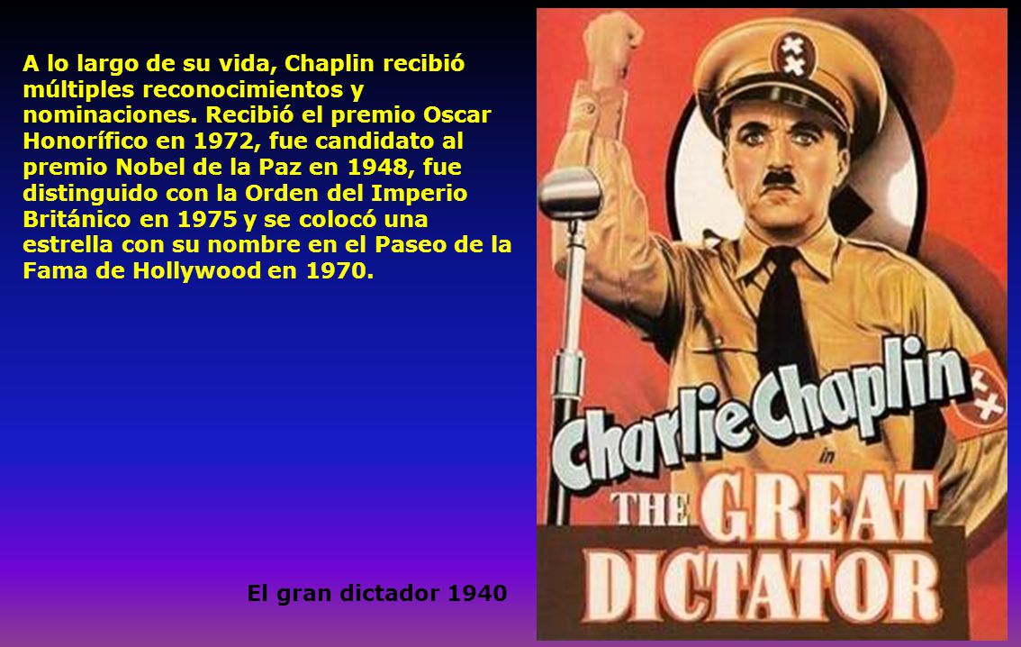 A lo largo de su vida, Chaplin recibió múltiples reconocimientos y nominaciones. Recibió el premio Oscar Honorífico en 1972, fue candidato al premio Nobel de la Paz en 1948, fue distinguido con la Orden del Imperio Británico en 1975 y se colocó una estrella con su nombre en el Paseo de la Fama de Hollywood en 1970.
