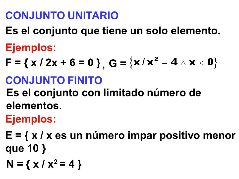 CONJUNTO UNITARIO Es el conjunto que tiene un solo elemento. Ejemplos: F = { x / 2x + 6 = 0 } , G =