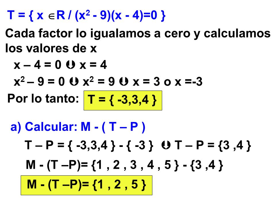 T = { x R / (x2 - 9)(x - 4)=0 } Cada factor lo igualamos a cero y calculamos los valores de x. x – 4 = 0  x = 4.