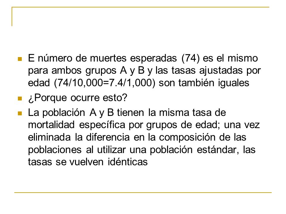 E número de muertes esperadas (74) es el mismo para ambos grupos A y B y las tasas ajustadas por edad (74/10,000=7.4/1,000) son también iguales