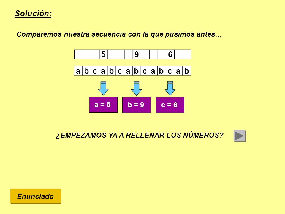 Solución: Comparemos nuestra secuencia con la que pusimos antes… a. b. c. a = 5. b = 9.