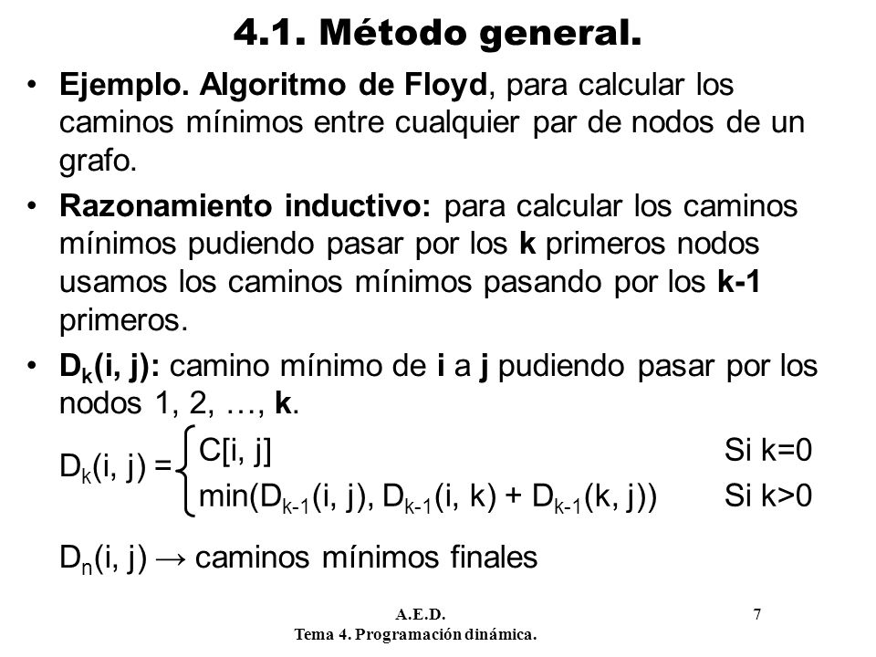 4.1. Método general. Ejemplo. Algoritmo de Floyd, para calcular los caminos mínimos entre cualquier par de nodos de un grafo.