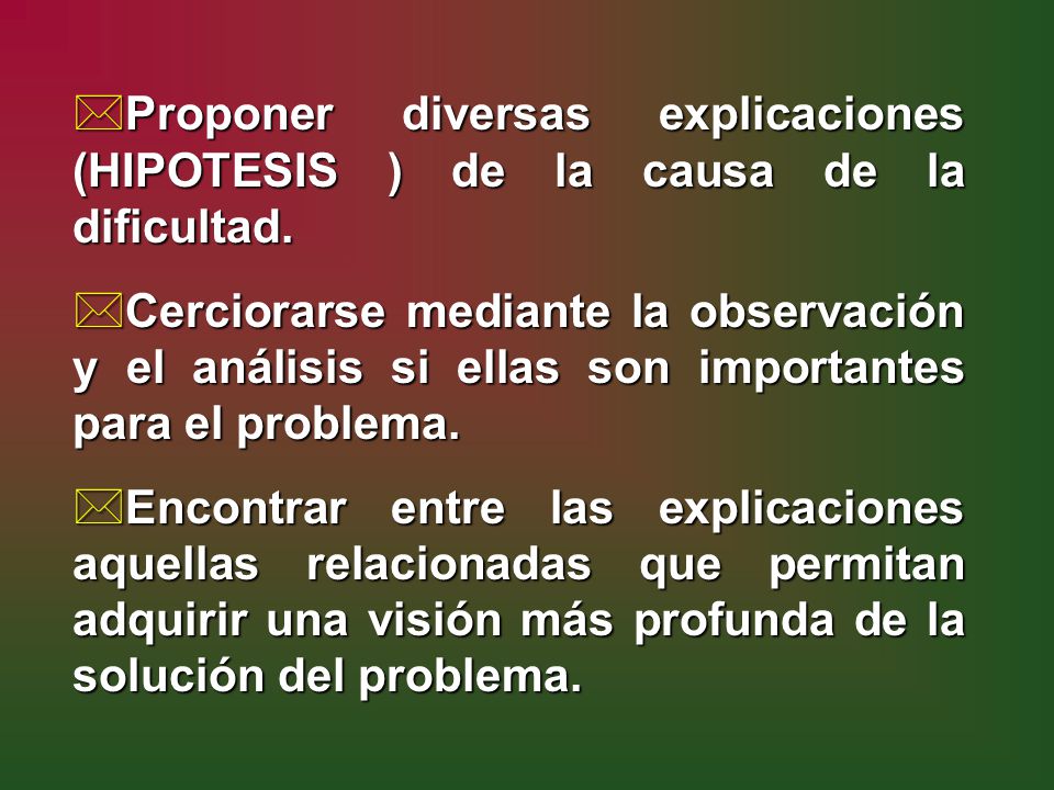 Proponer diversas explicaciones (HIPOTESIS ) de la causa de la dificultad.