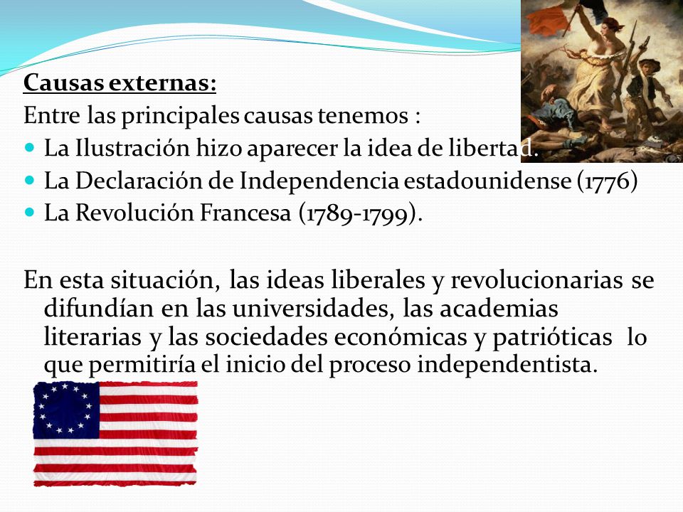 Causas externas: Entre las principales causas tenemos : La Ilustración hizo aparecer la idea de libertad.