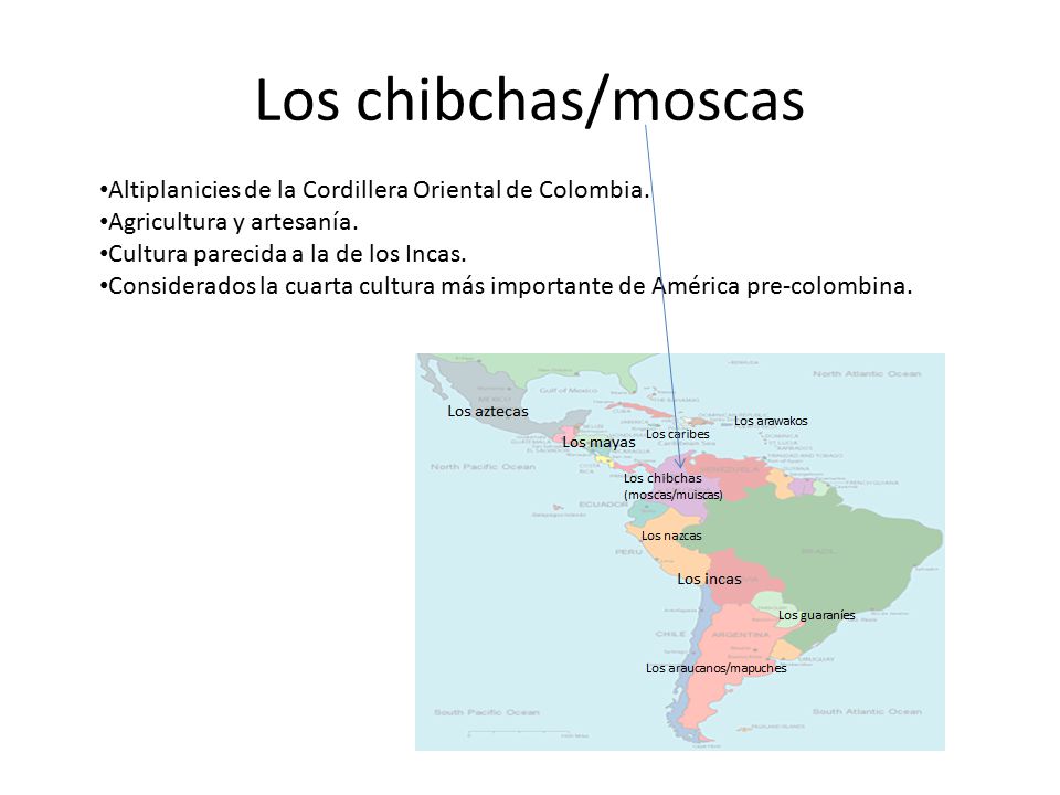 Los chibchas/moscas Altiplanicies de la Cordillera Oriental de Colombia. Agricultura y artesanía. Cultura parecida a la de los Incas.