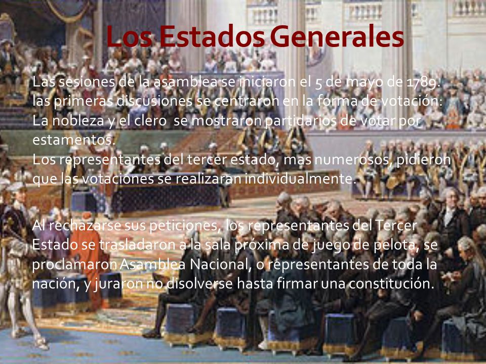 Los Estados Generales Las sesiones de la asamblea se iniciaron el 5 de mayo de las primeras discusiones se centraron en la forma de votación: