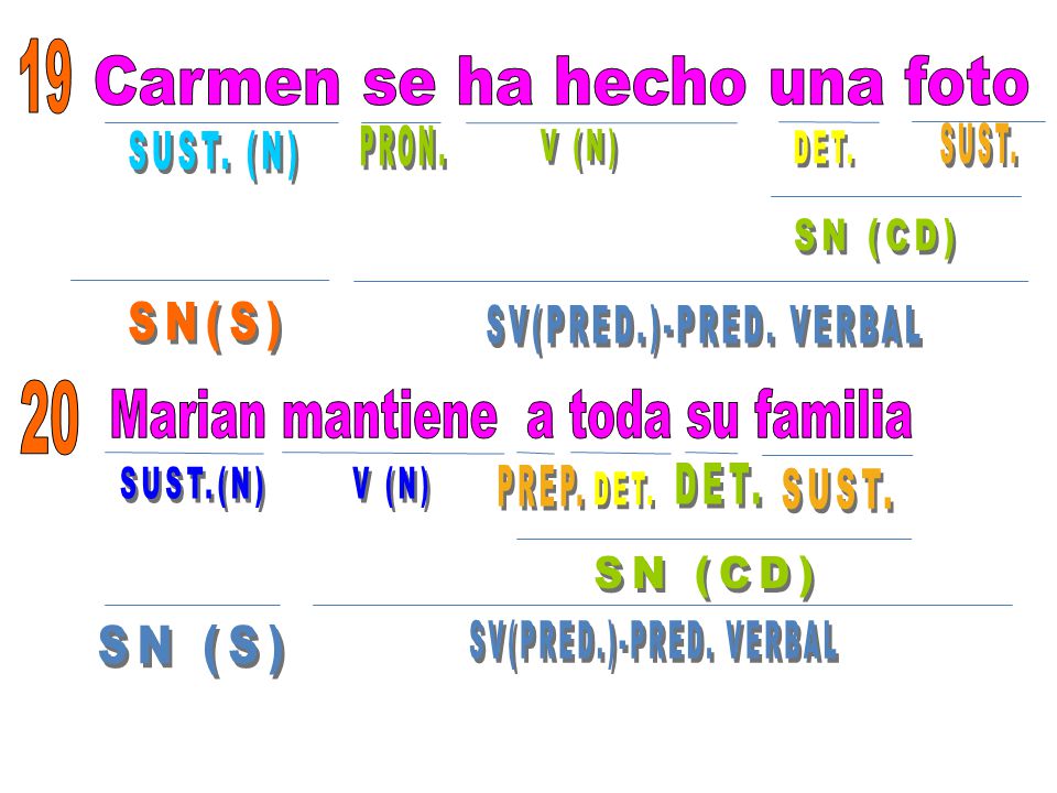 Carmen se ha hecho una foto PRON. V (N) SUST. SUST. (N) DET.